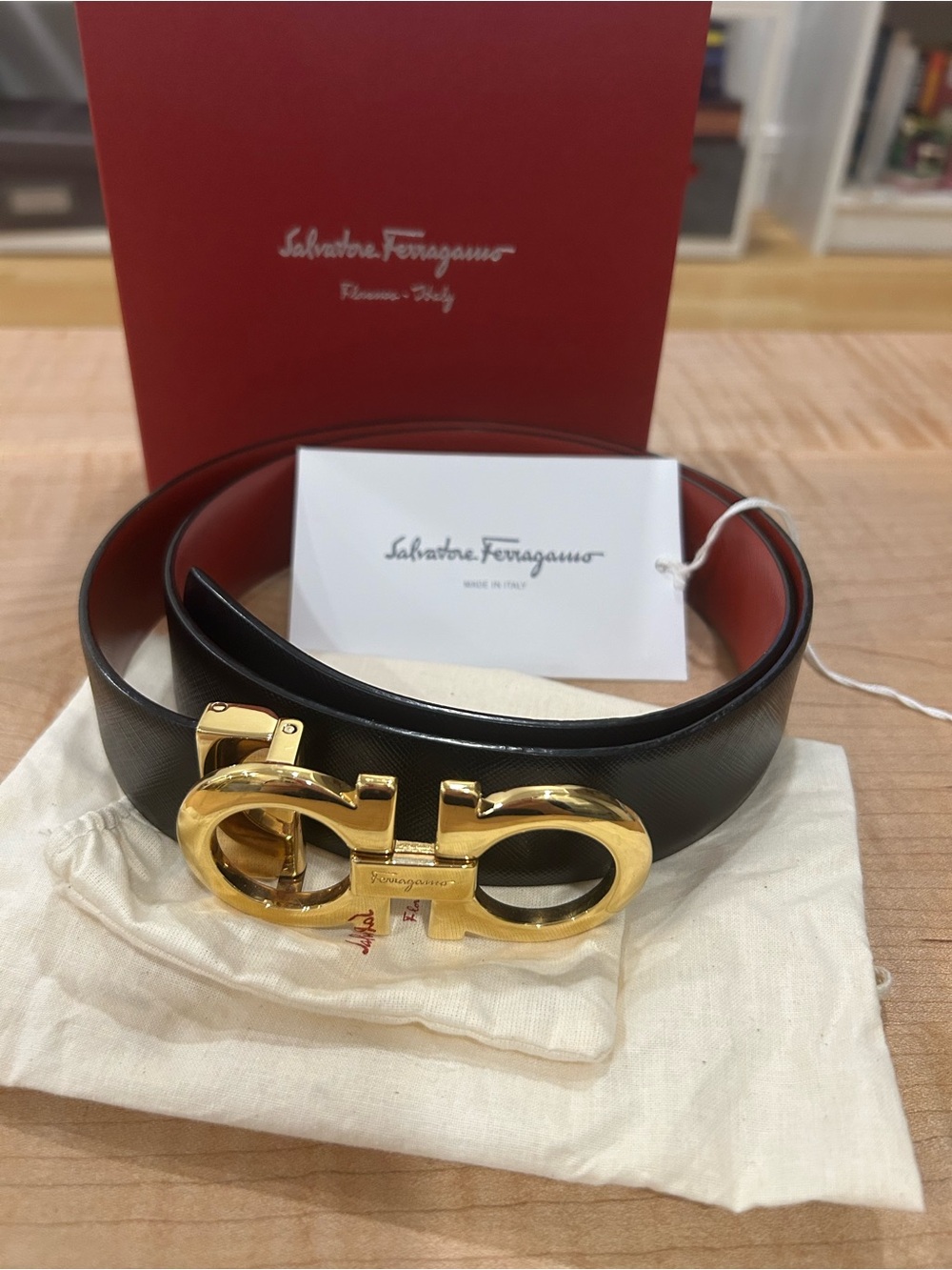 Salvatore Ferragamo Reversible Black/Red Leather Gancini Belt with Gold Buckle